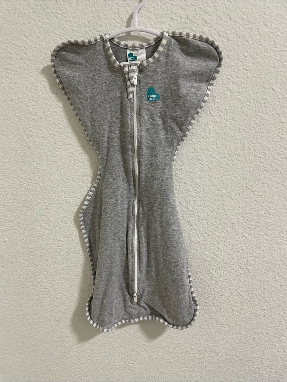 Grey Baby Swaddle Sack with Teal Heart Logo